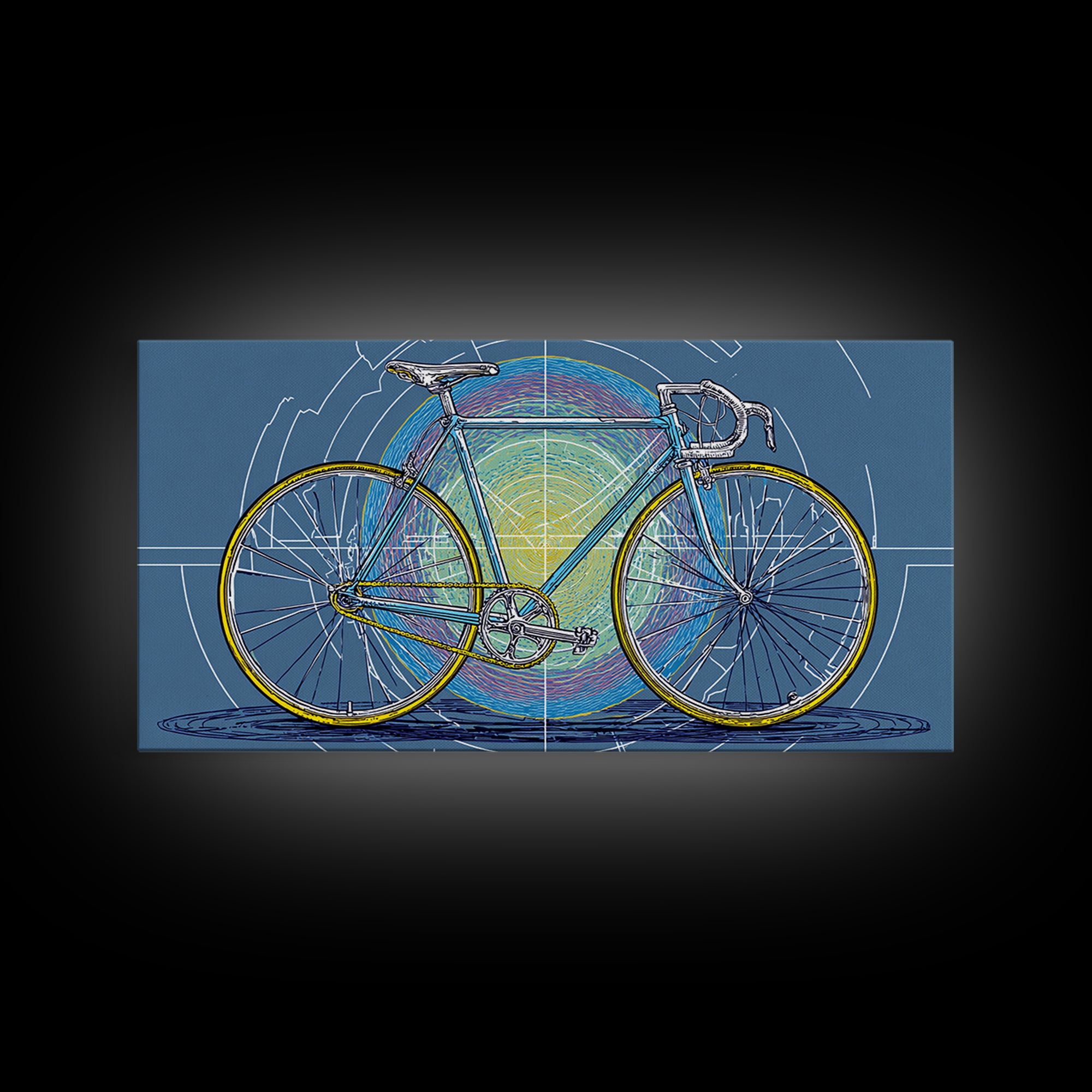 Touring Bicycle With Rainbow Circle Framed Canvas Print, Mid Century Modern Wall Art, Retro Cycling Poster, Blue Office Decor
