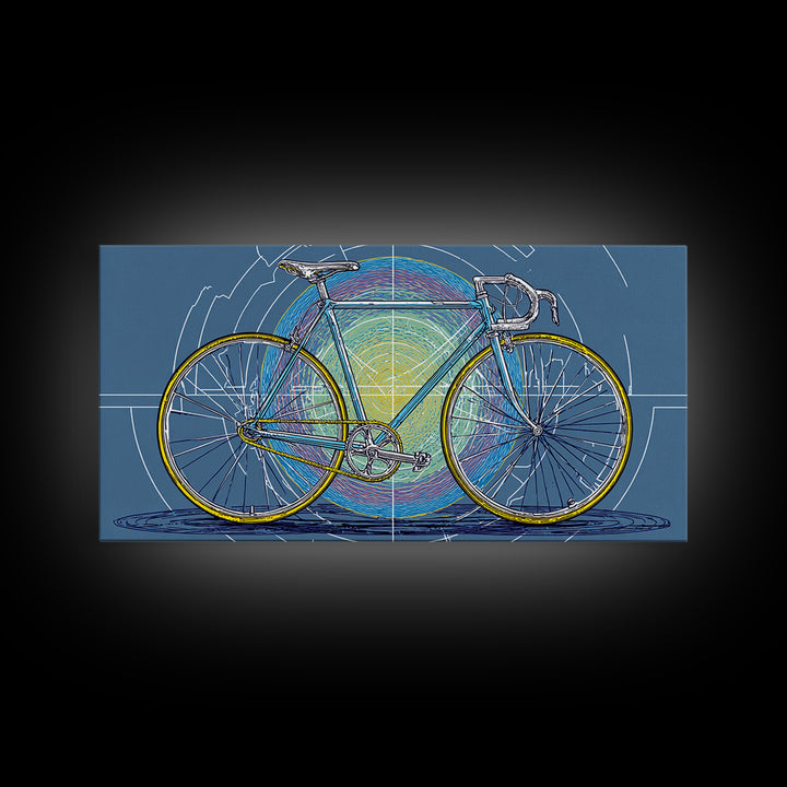 Touring Bicycle With Rainbow Circle Framed Canvas Print, Mid Century Modern Wall Art, Retro Cycling Poster, Blue Office Decor