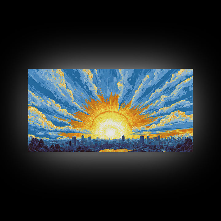 Golden Sunrise City Skyline Wall Art, Blue Sky Urban Landscape Canvas Print, Modern Home Decor, Statement Living Room Art
