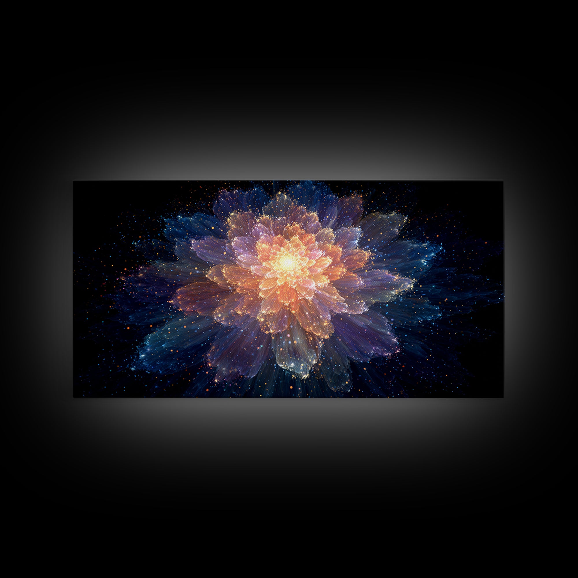 Glowing Cosmic Flower Canvas Print, Blue Orange Abstract Bloom, Spiritual Space Artwork, Modern Wall Art For Bedroom Decor