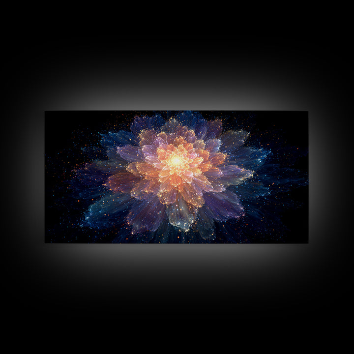 Glowing Cosmic Flower Canvas Print, Blue Orange Abstract Bloom, Spiritual Space Artwork, Modern Wall Art For Bedroom Decor
