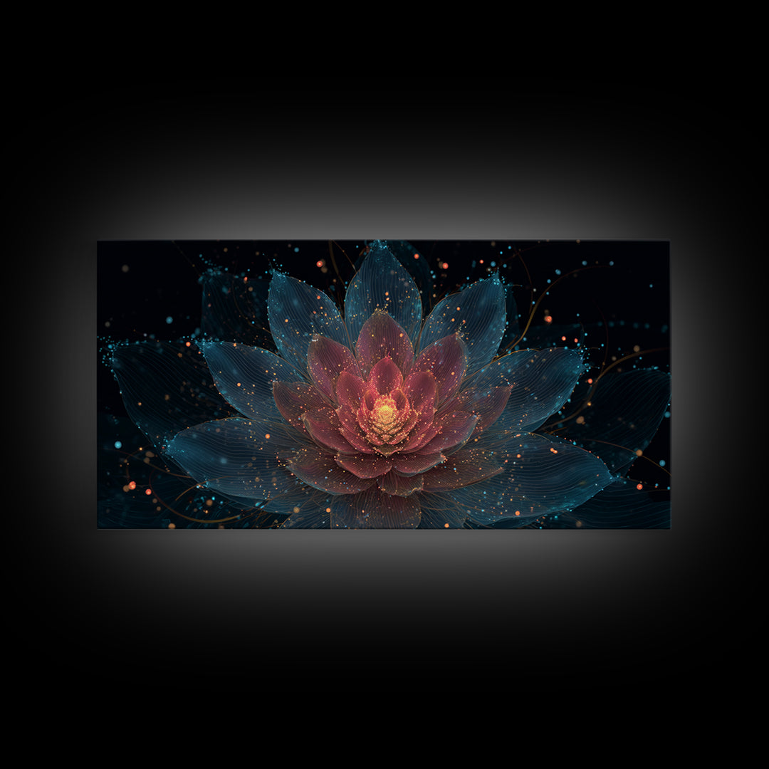 Teal Pink Lotus Canvas Print, Glowing Floral Mandala, Spiritual Abstract Art, Modern Wall Art, Yoga Decor For Meditation Room