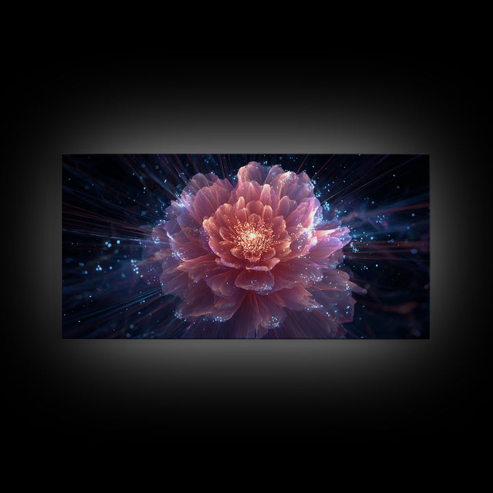Radiant Pink Peony Canvas Print, Cosmic Floral Bloom, Blue Sparkle Abstract Art, Modern Wall Art For Bedroom And Living Room