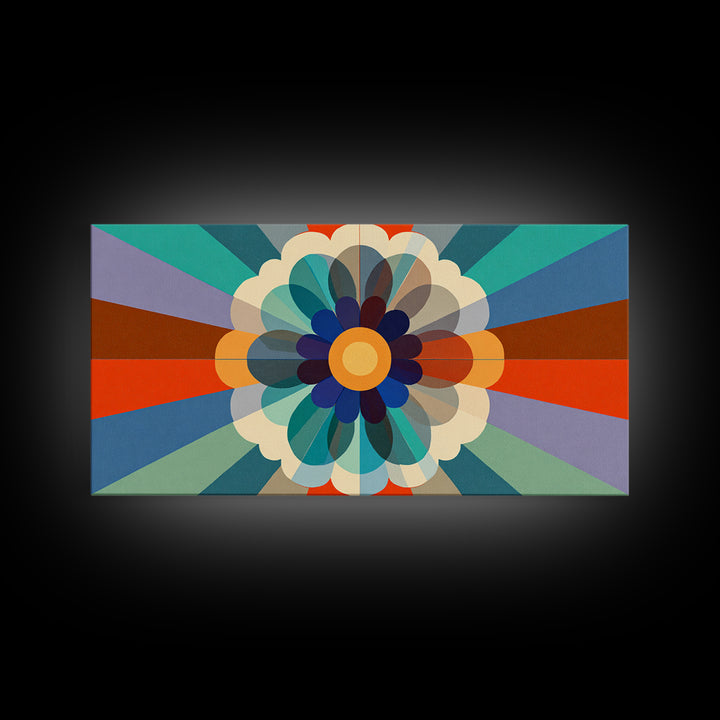 Retro Geometric Flower Wall Art, Colorful Mid Century Modern Radial Bloom, Bauhaus Poster, Bold Abstract Home Decor Print