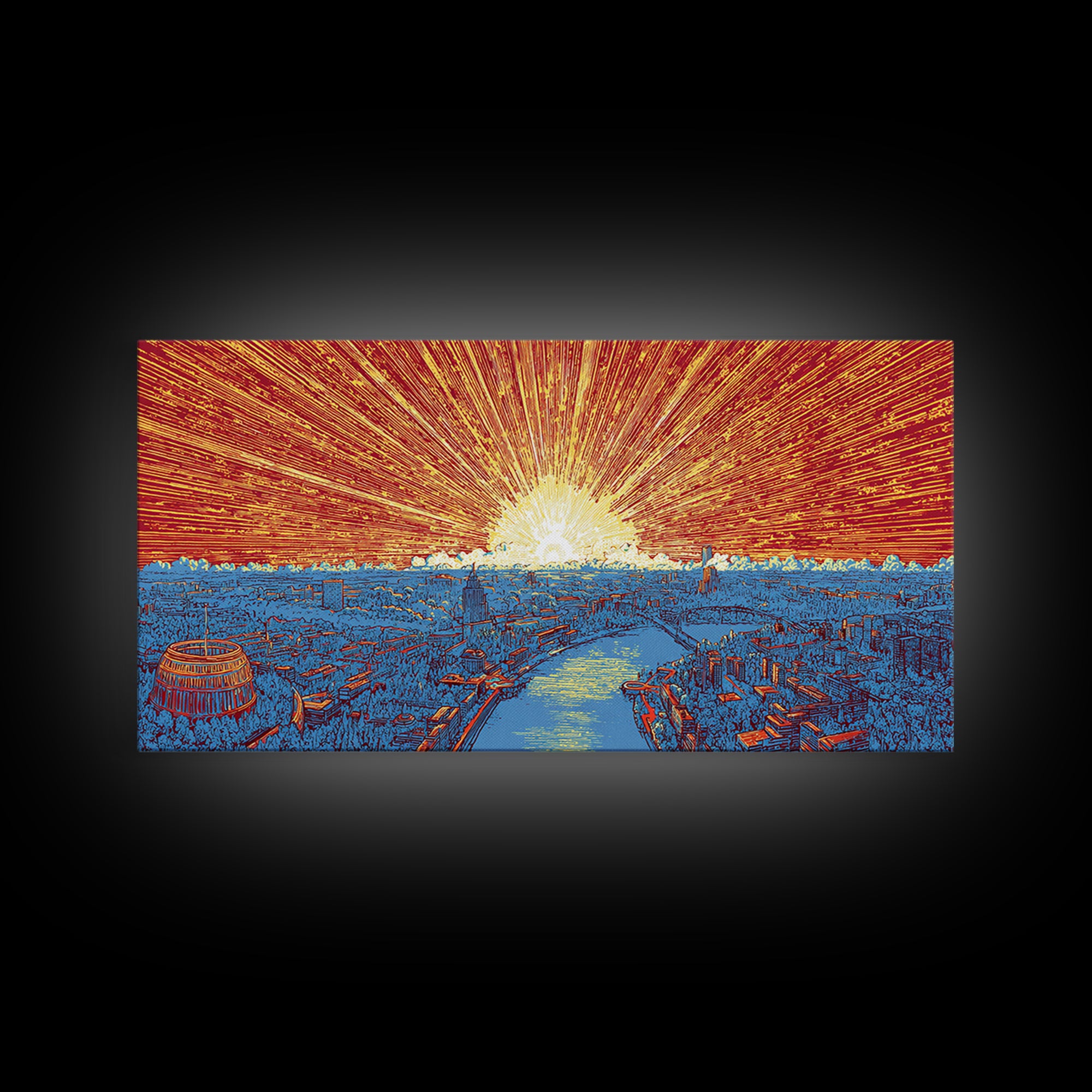 Orange Harbor Sunset Cityscape Wall Art, Blue Water Skyline Print, Retro Travel Poster, Modern Office Decor Canvas Print