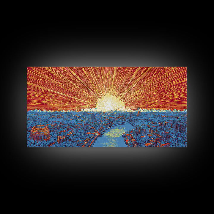 Orange Harbor Sunset Cityscape Wall Art, Blue Water Skyline Print, Retro Travel Poster, Modern Office Decor Canvas Print