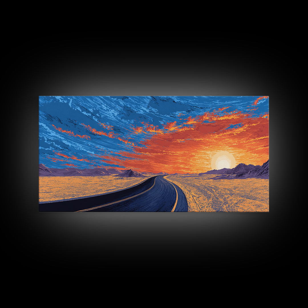 Sunset Highway Desert Wall Art, Midcentury Modern Landscape Print, Retro Travel Poster, Orange Blue Living Room Decor For Home