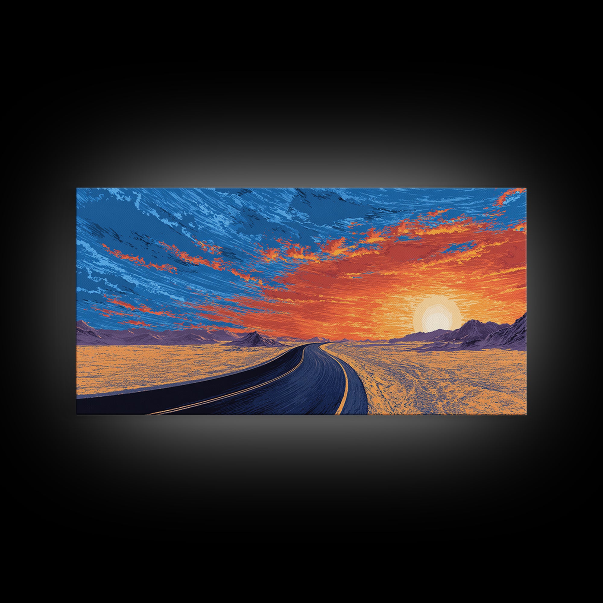 Sunset Highway Desert Wall Art, Midcentury Modern Landscape Print, Retro Travel Poster, Orange Blue Living Room Decor For Home