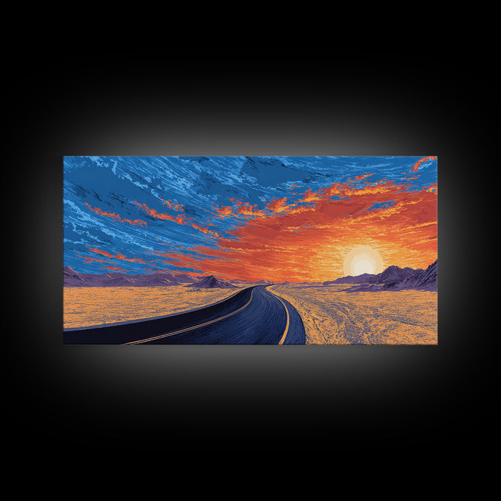 Sunset Highway Desert Wall Art, Midcentury Modern Landscape Print, Retro Travel Poster, Orange Blue Living Room Decor For Home