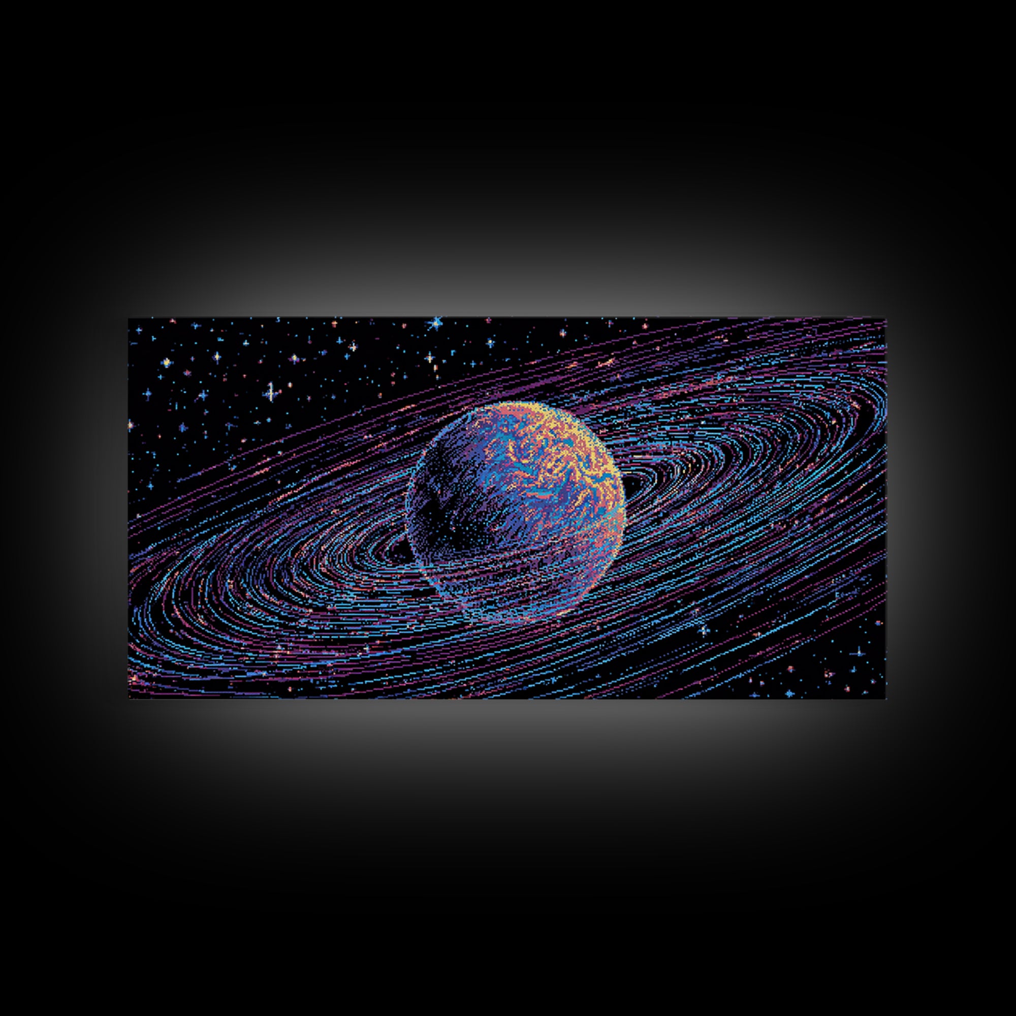 Ringed Planet Space Wall Art, Retro Sci Fi Canvas Print, Cosmic Abstract Art, Modern Digital Art Poster For Bedroom Decor
