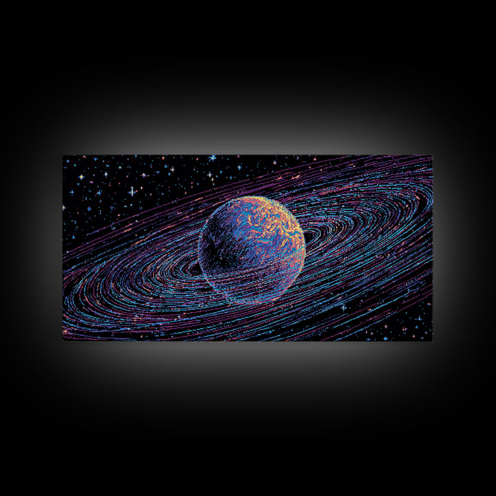 Ringed Planet Space Wall Art, Retro Sci Fi Canvas Print, Cosmic Abstract Art, Modern Digital Art Poster For Bedroom Decor