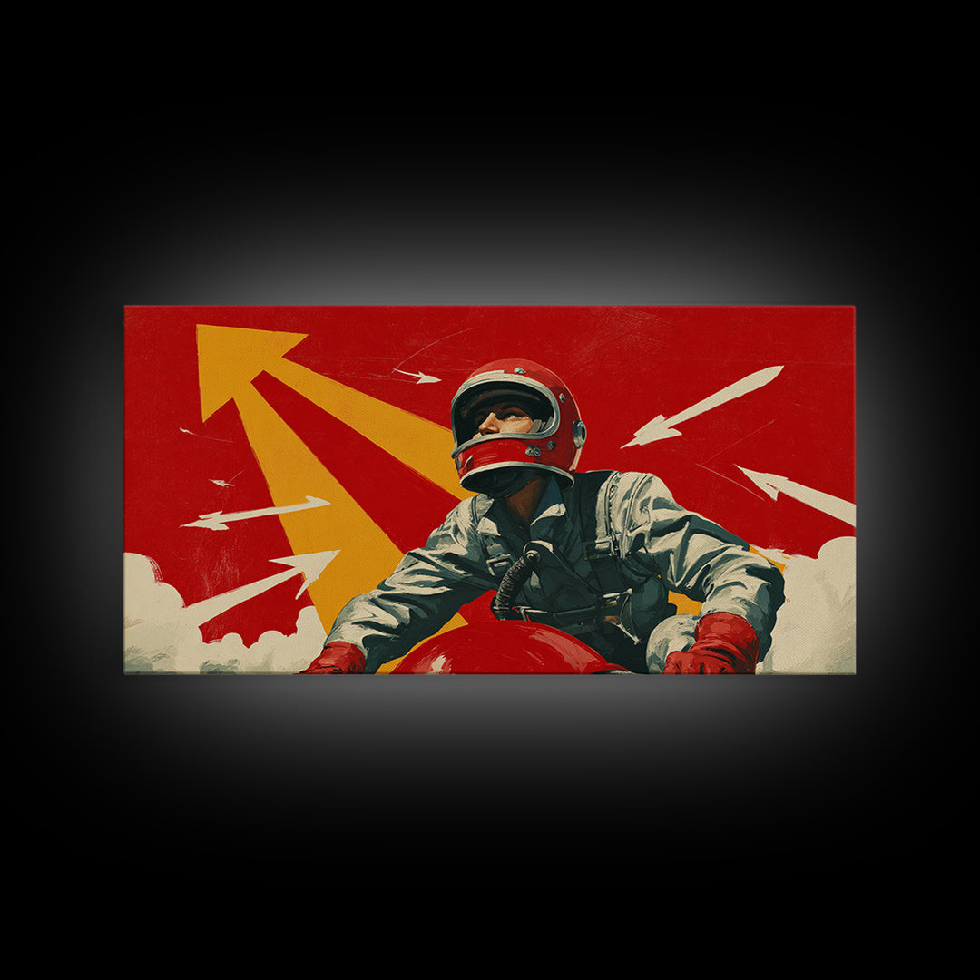 Retro Space Racer Canvas Print, Helmeted Pilot With Arrows Poster, Midcentury Modern Wall Decor, Bold Red Adventure Art Print