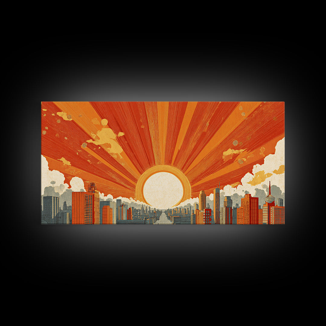 Giant Orange Sun Over City Wall Art, Midcentury Modern Skyline Print, Retro Urban Poster, Warm Home Office Decor Canvas Print