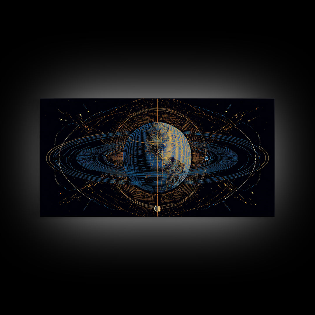 Celestial Planet Orbit Framed Canvas Print, Midcentury Modern Wall Art, Space Abstract Poster, Cosmic Retro Home Office Decor