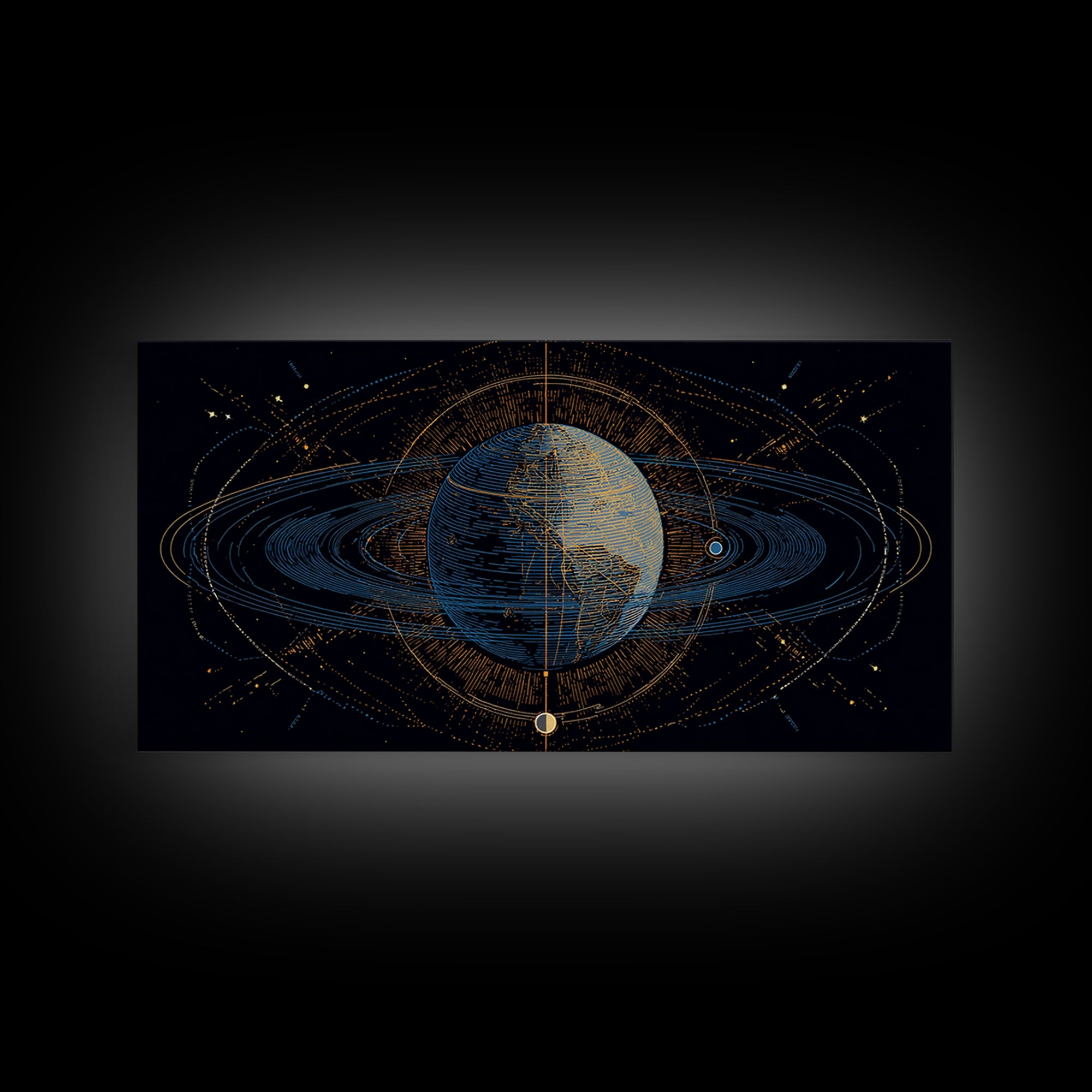 Celestial Planet Orbit Framed Canvas Print, Midcentury Modern Wall Art, Space Abstract Poster, Cosmic Retro Home Office Decor