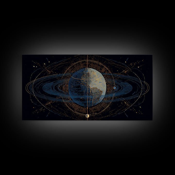 Celestial Planet Orbit Framed Canvas Print, Midcentury Modern Wall Art, Space Abstract Poster, Cosmic Retro Home Office Decor