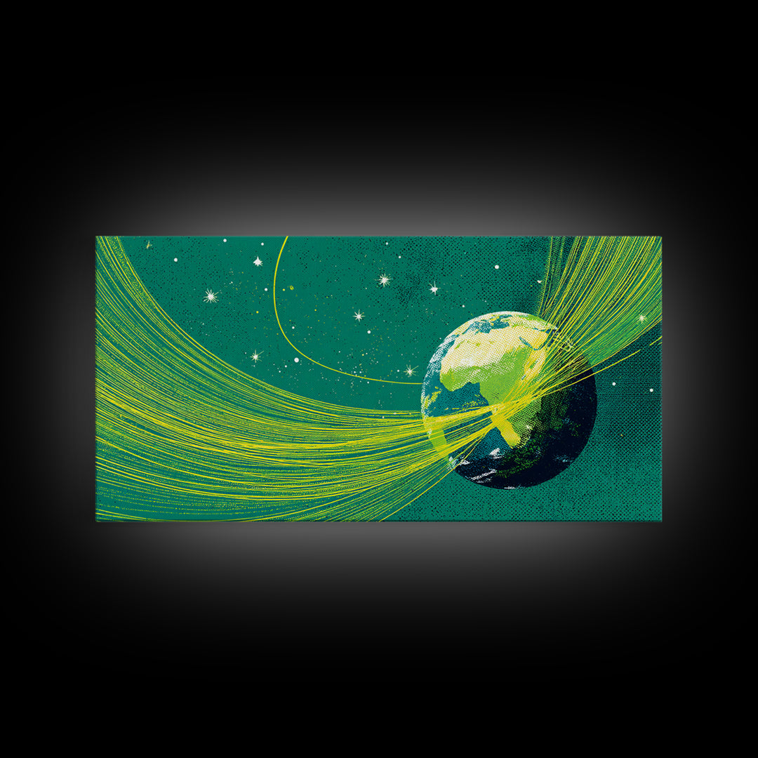 Green Earth Orbit Lines Canvas Print, Retro Space Abstract Wall Decor, Mid Century Modern Art, Cosmic Planet Living Room Decor