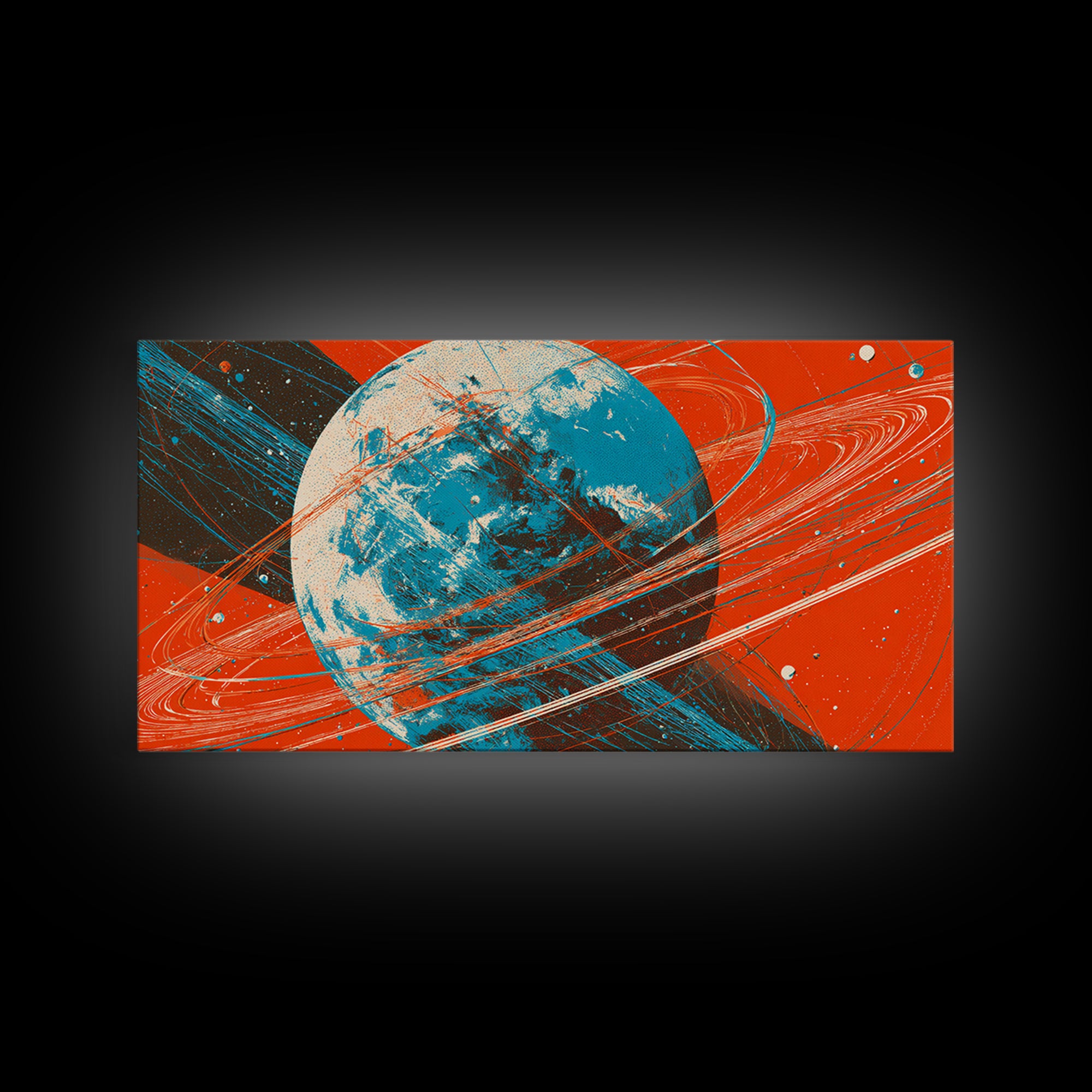 Orange Ringed Planet Canvas Print, Bold Retro Space Wall Art, Mid Century Modern Abstract Poster, Teal Blue Sci Fi Decor