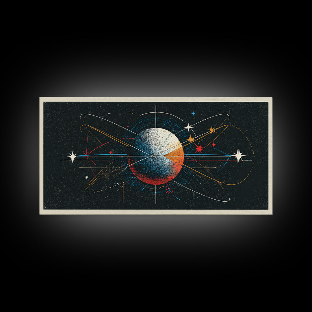 Atomic Orbit Sphere Wall Art, Mid Century Modern Abstract Space Poster, Geometric Planet Lines, Retro MCM Living Room Decor