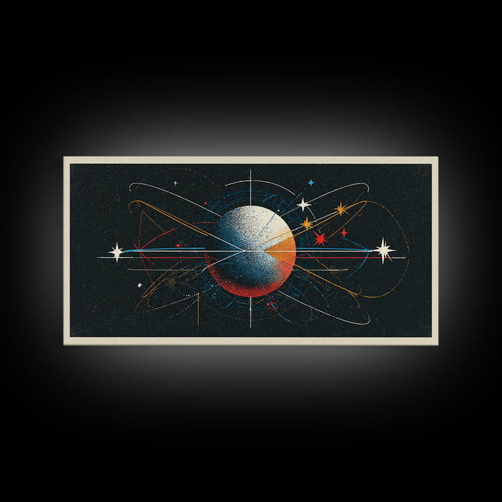 Atomic Orbit Sphere Wall Art, Mid Century Modern Abstract Space Poster, Geometric Planet Lines, Retro MCM Living Room Decor