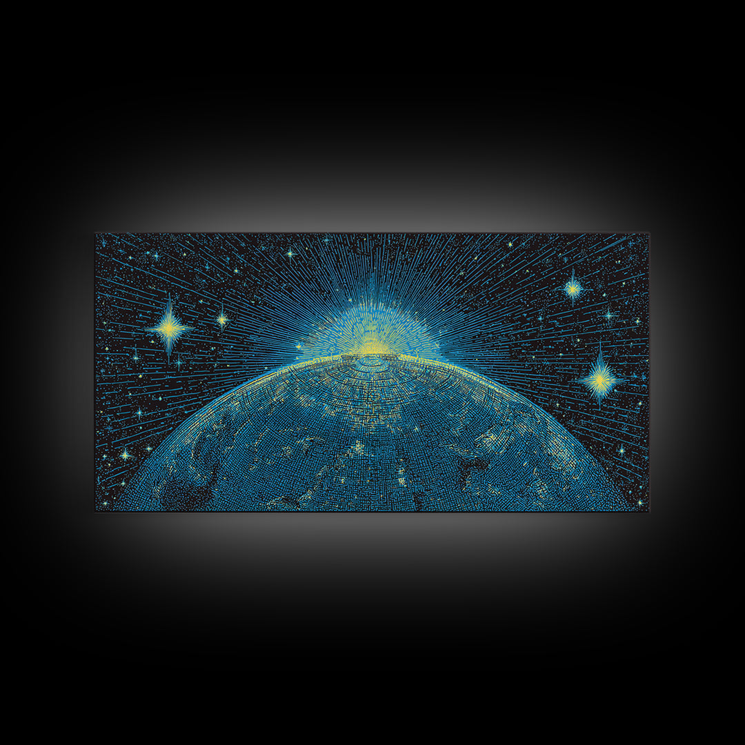 Blue Planet Horizon Canvas Print, Starburst Space Wall Art, Mid Century Modern Abstract Decor, Cosmic Sunrise Statement Poster