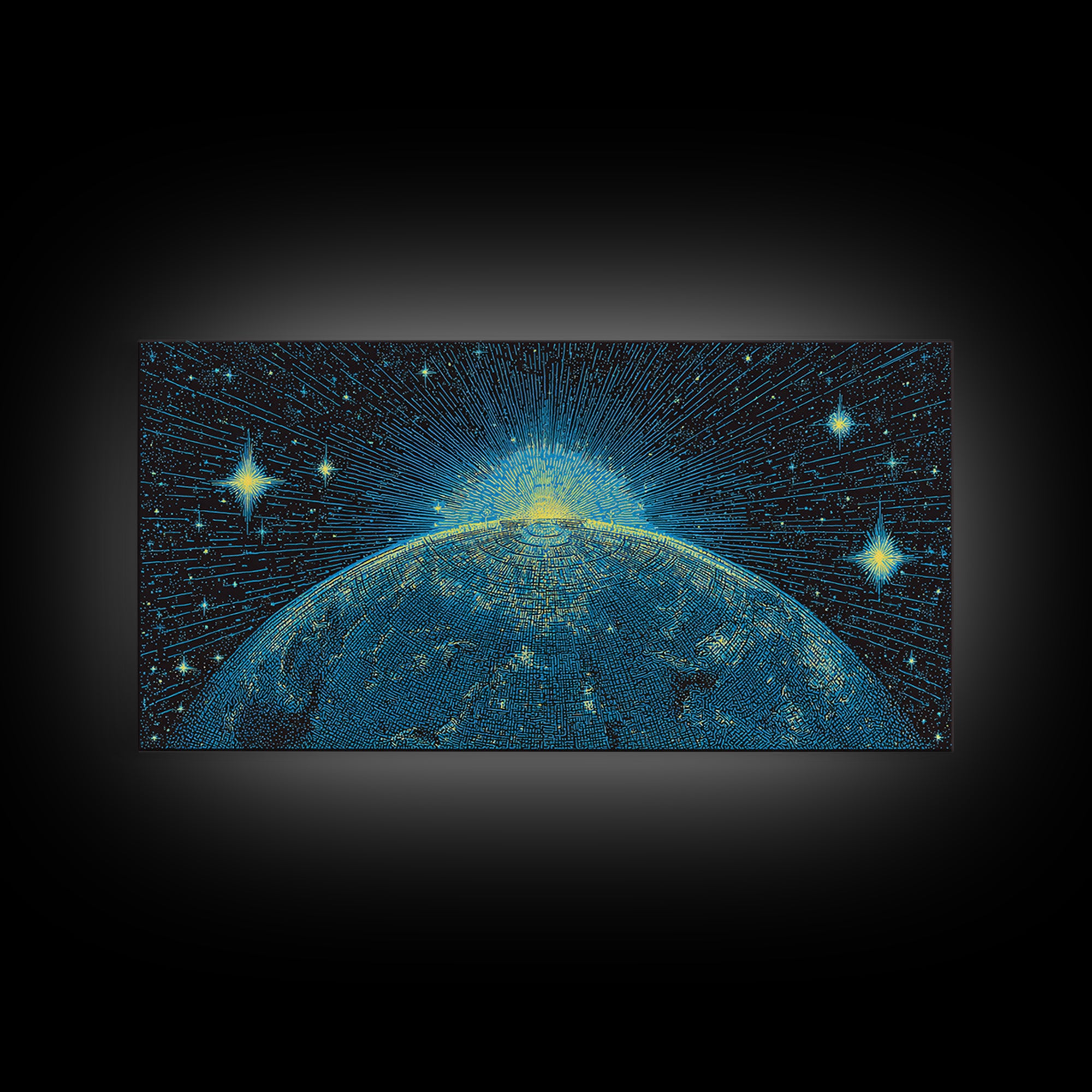 Blue Planet Horizon Canvas Print, Starburst Space Wall Art, Mid Century Modern Abstract Decor, Cosmic Sunrise Statement Poster