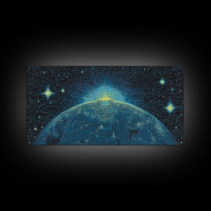 Blue Planet Horizon Canvas Print, Starburst Space Wall Art, Mid Century Modern Abstract Decor, Cosmic Sunrise Statement Poster