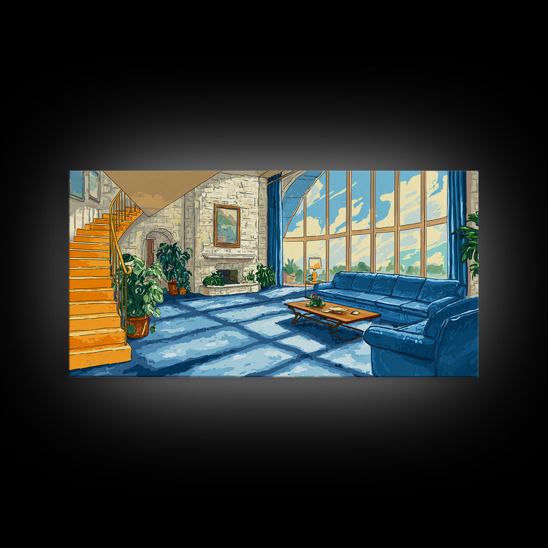 Sunlit Blue Sofa Loft Framed Canvas Print, Modern Wall Art, Airy Living Room Decor, Architectural Interior Poster, Home Office