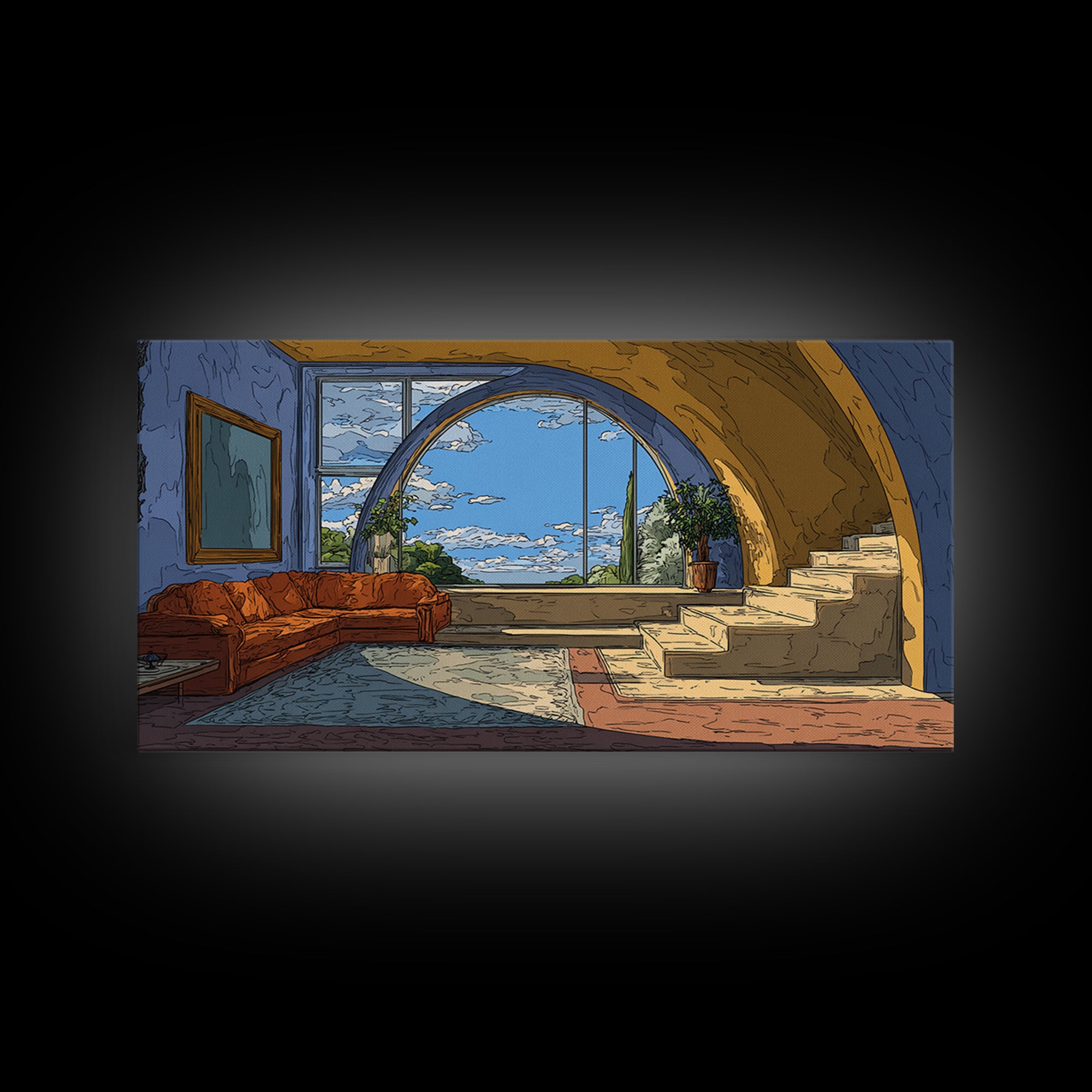 Arched Sea View Living Room Canvas Print, Mediterranean Modern Wall Art, Orange Sofa Coastal Decor, Scenic Interior Poster