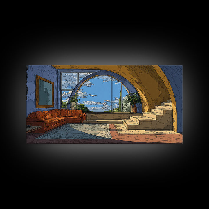 Arched Sea View Living Room Canvas Print, Mediterranean Modern Wall Art, Orange Sofa Coastal Decor, Scenic Interior Poster