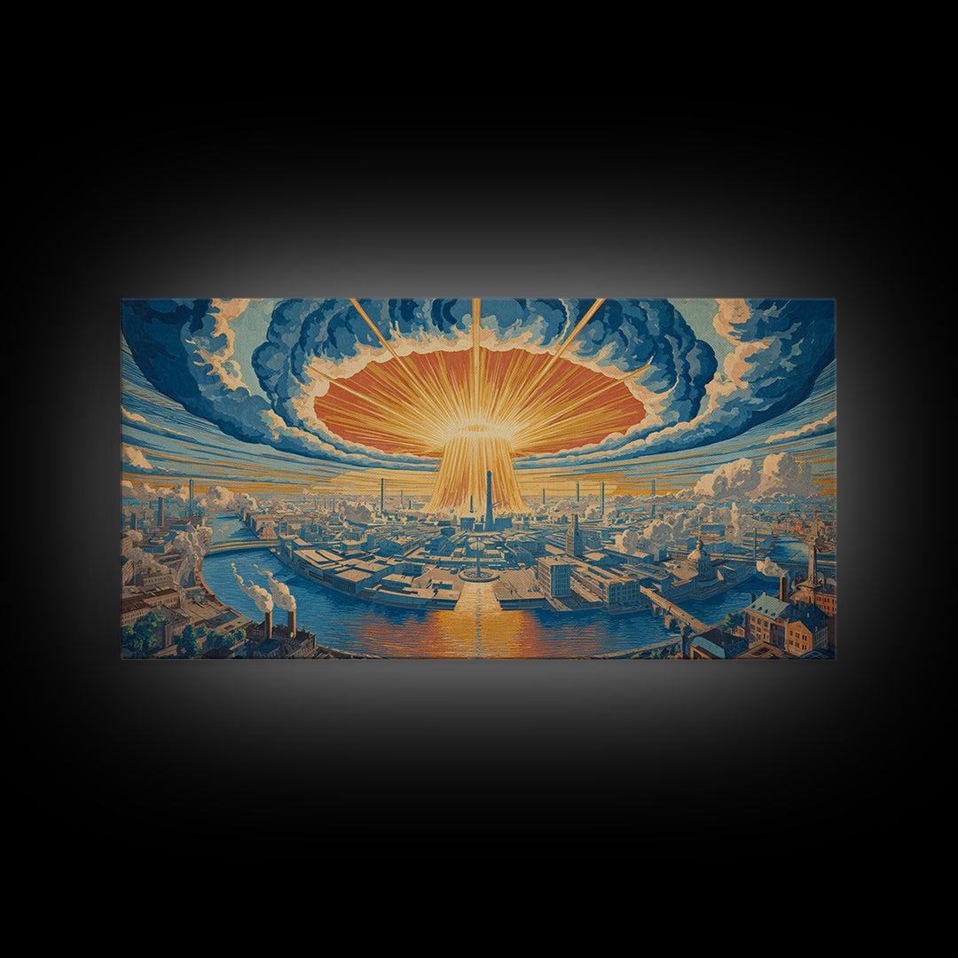 Radiant Futuristic City Sunrise Wall Art, Retro Sci Fi Skyline, Mid Century Modern Decor, Blue Orange Large Canvas Print