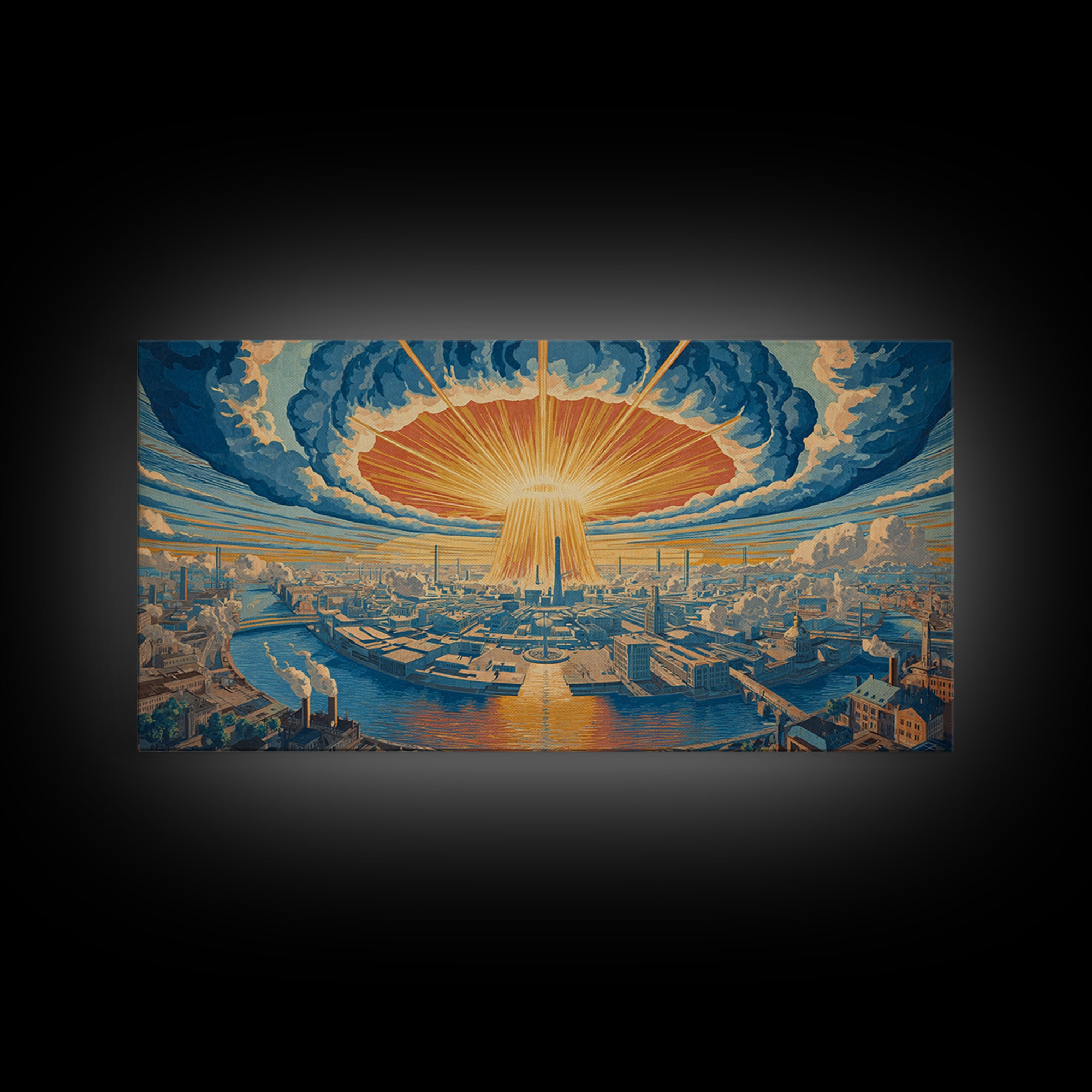 Radiant Futuristic City Sunrise Wall Art, Retro Sci Fi Skyline, Mid Century Modern Decor, Blue Orange Large Canvas Print
