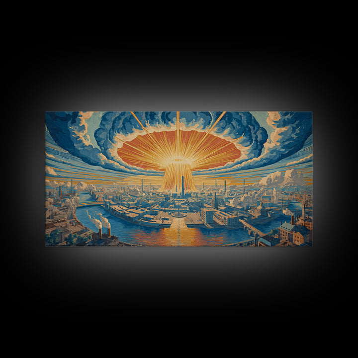 Radiant Futuristic City Sunrise Wall Art, Retro Sci Fi Skyline, Mid Century Modern Decor, Blue Orange Large Canvas Print