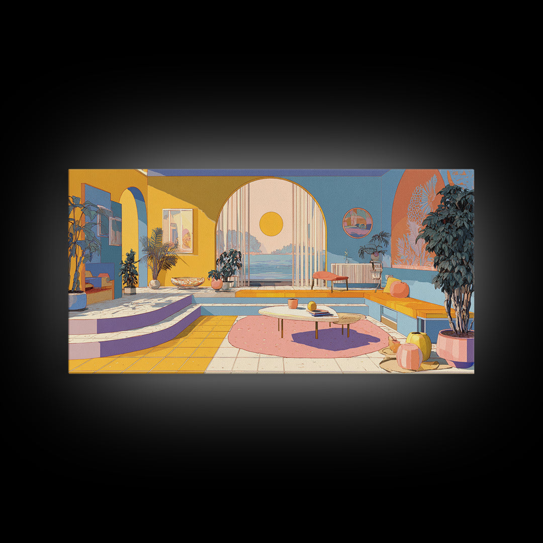 Pastel Ocean Sunroom Canvas Print, Colorful Modern Wall Art, Arch Window Coastal Decor, Retro Palm Springs Living Room Poster
