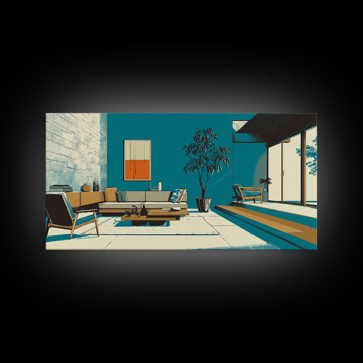 Teal Mid Century Living Room Wall Art, Midcentury Modern Decor, MCM Artwork, Retro Interior Print, Large Canvas Poster Home Decor