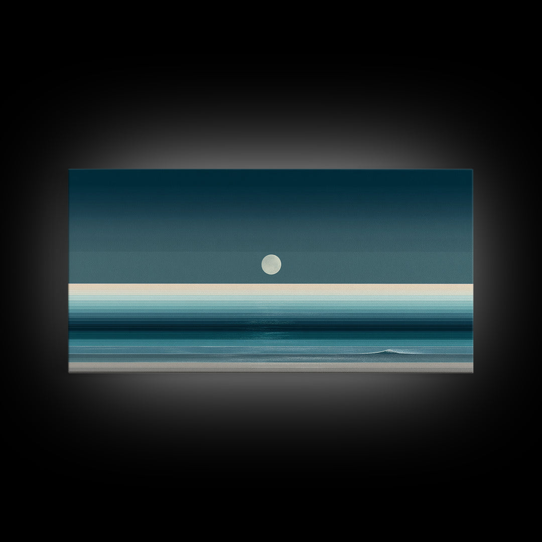 Minimal Moon Over Teal Ocean Canvas Print, Coastal Night Seascape, Modern Wall Art, Blue Horizontal Landscape Decor, Bedroom Art Prints