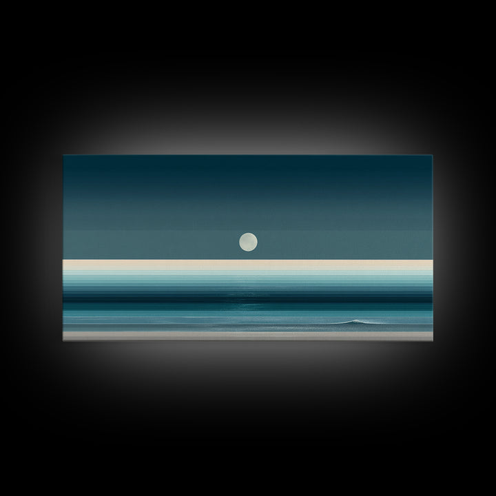 Minimal Moon Over Teal Ocean Canvas Print, Coastal Night Seascape, Modern Wall Art, Blue Horizontal Landscape Decor, Bedroom Art Prints