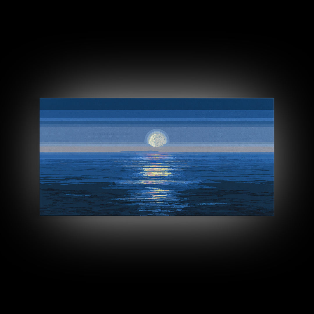 Blue Full Moon Ocean Framed Canvas Print, Coastal Seascape Wall Art, Modern Home Decor, Peaceful Bedroom Art Prints, Large Wall Decor