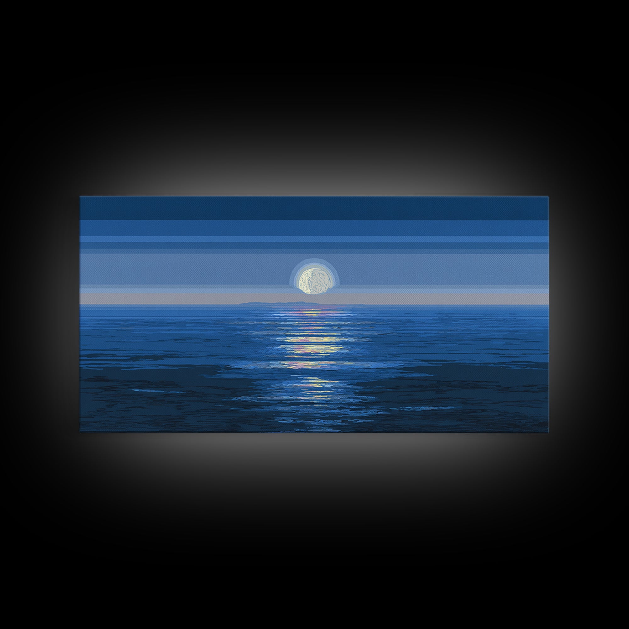 Blue Full Moon Ocean Framed Canvas Print, Coastal Seascape Wall Art, Modern Home Decor, Peaceful Bedroom Art Prints, Large Wall Decor