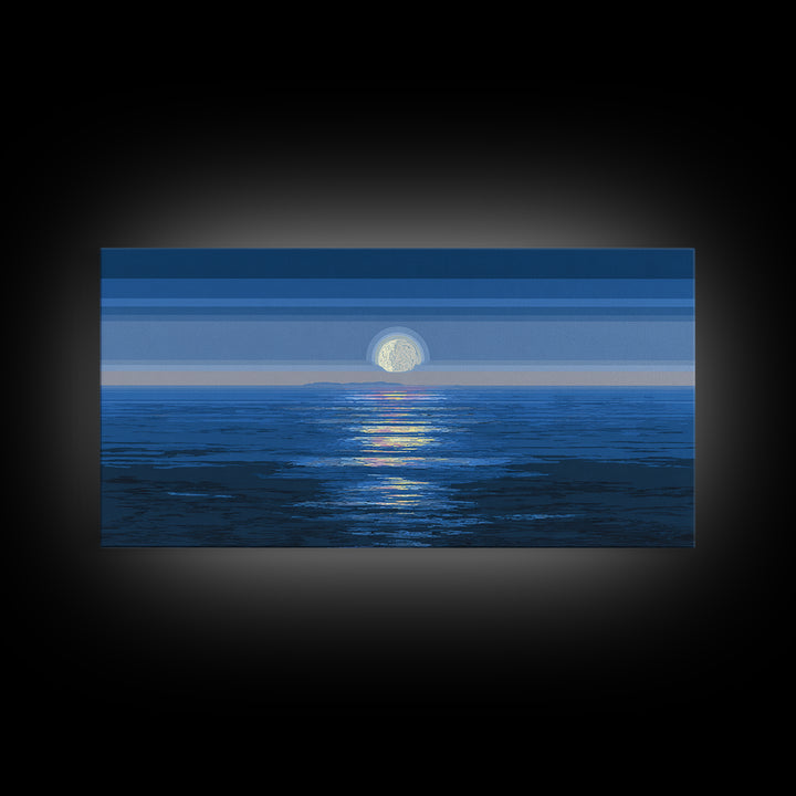 Blue Full Moon Ocean Framed Canvas Print, Coastal Seascape Wall Art, Modern Home Decor, Peaceful Bedroom Art Prints, Large Wall Decor