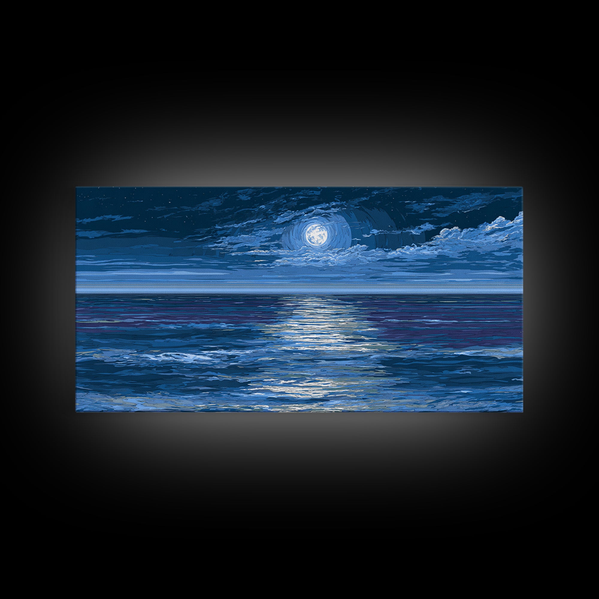 Starry Moonlit Ocean Framed Canvas Print, Dramatic Blue Seascape Wall Art, Coastal Night Decor, Modern Bedroom Art Prints