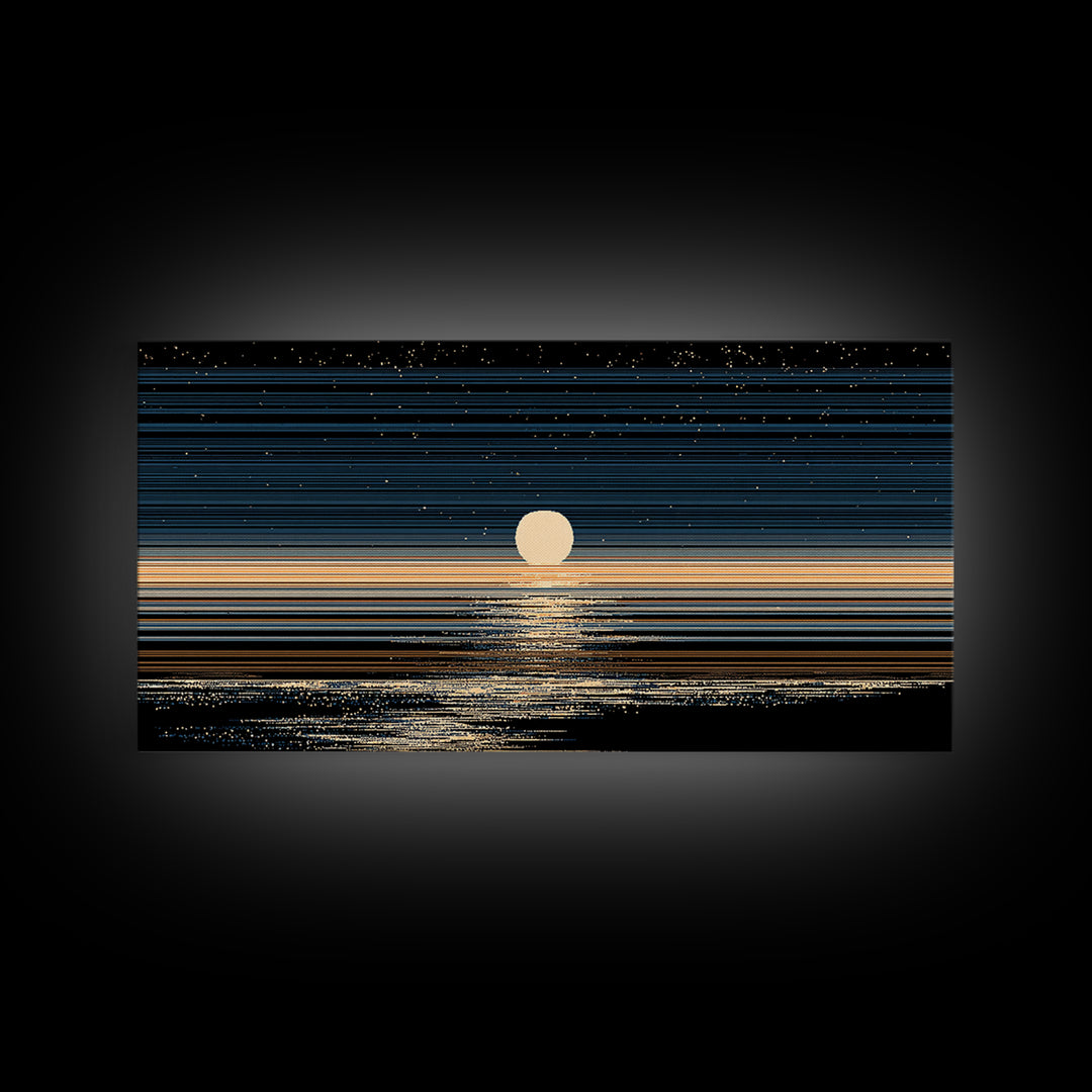 Golden Moon Horizon Ocean Canvas Print, Starry Night Seascape Wall Art, Modern Coastal Decor, Blue Black Bedroom Art Prints