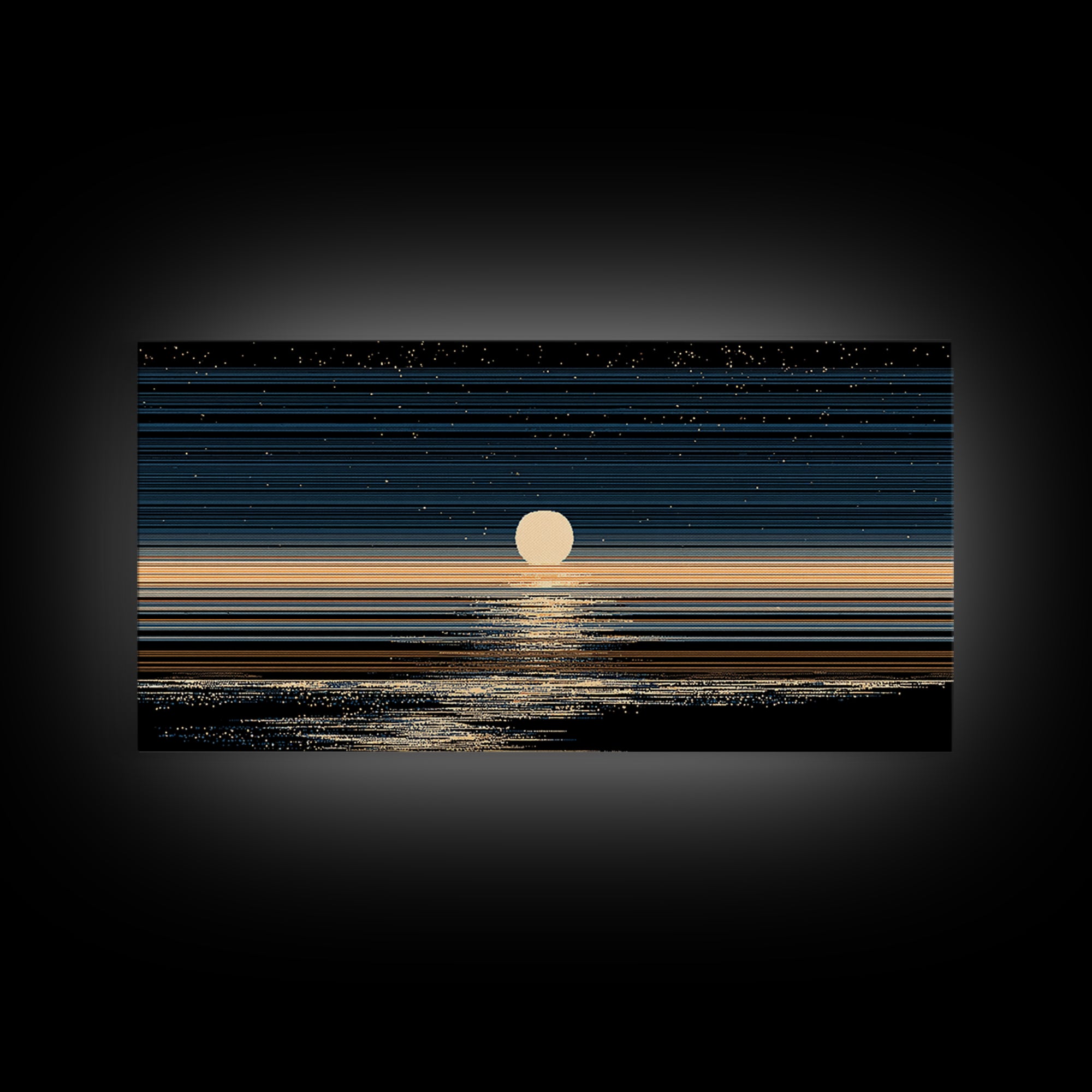 Golden Moon Horizon Ocean Canvas Print, Starry Night Seascape Wall Art, Modern Coastal Decor, Blue Black Bedroom Art Prints