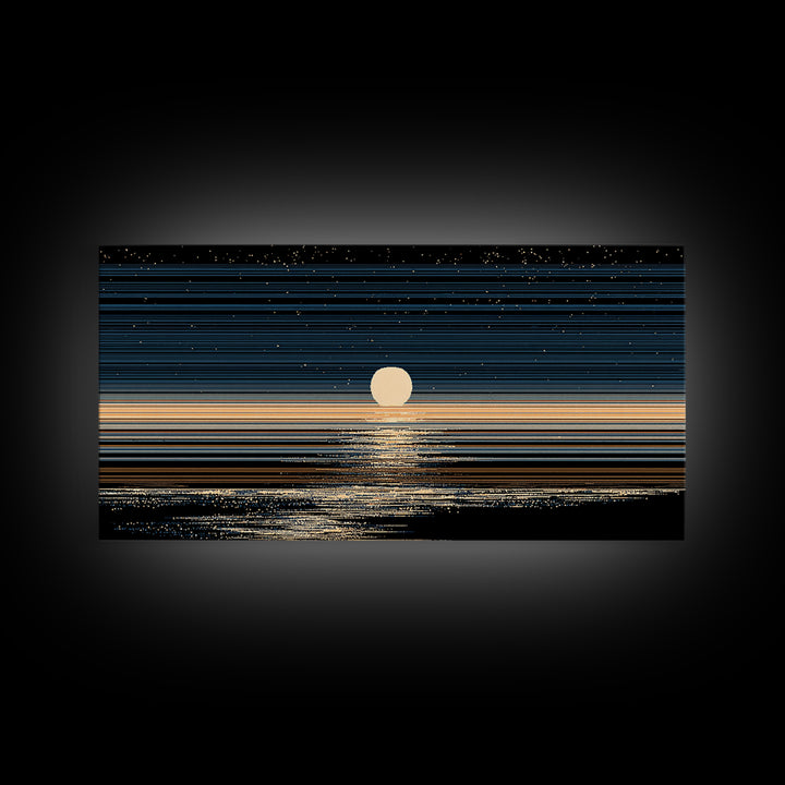 Golden Moon Horizon Ocean Canvas Print, Starry Night Seascape Wall Art, Modern Coastal Decor, Blue Black Bedroom Art Prints