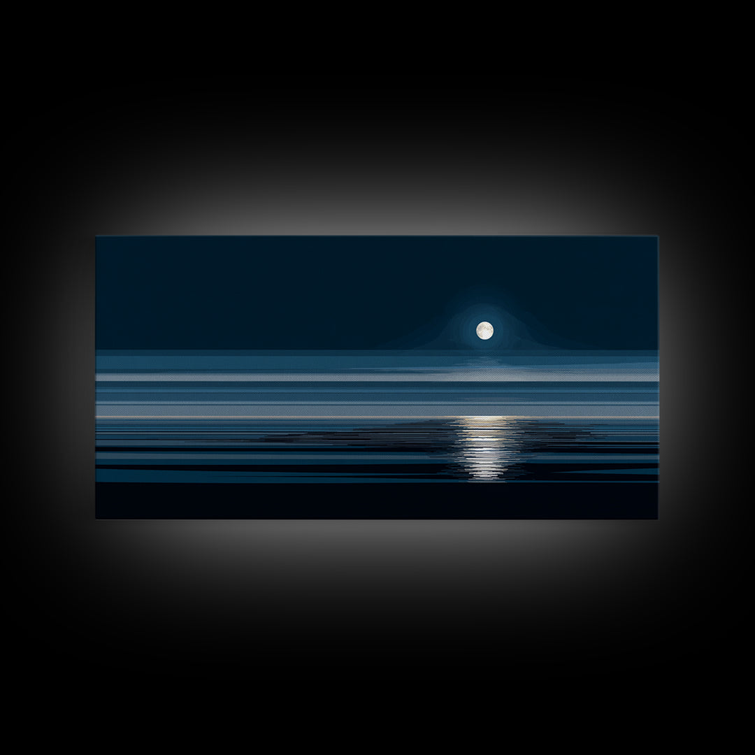 Quiet Moon Over Dark Ocean Canvas Print, Minimal Blue Seascape Wall Art, Modern Coastal Decor, Peaceful Bedroom Art Prints