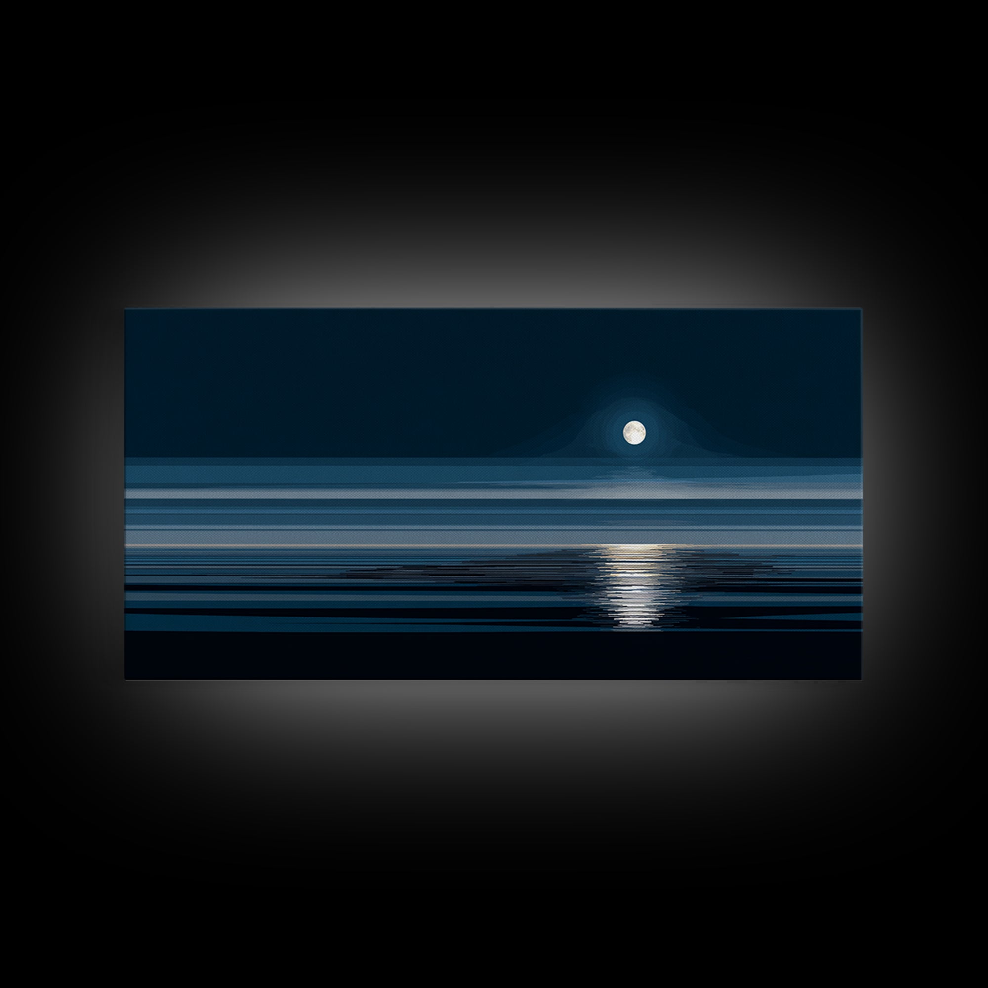 Quiet Moon Over Dark Ocean Canvas Print, Minimal Blue Seascape Wall Art, Modern Coastal Decor, Peaceful Bedroom Art Prints