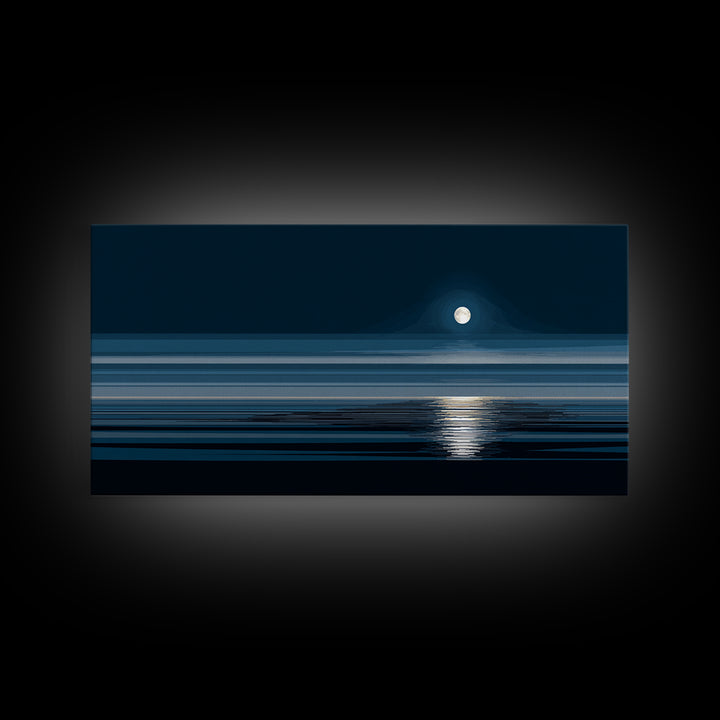 Quiet Moon Over Dark Ocean Canvas Print, Minimal Blue Seascape Wall Art, Modern Coastal Decor, Peaceful Bedroom Art Prints