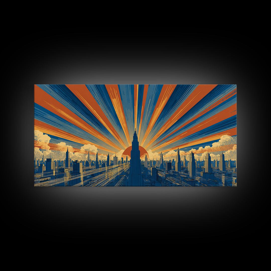 Art Deco Futuristic Skyline Framed Canvas Print, Retro Sci Fi Cityscape, Mid Century Modern Wall Decor, Blue Orange Poster