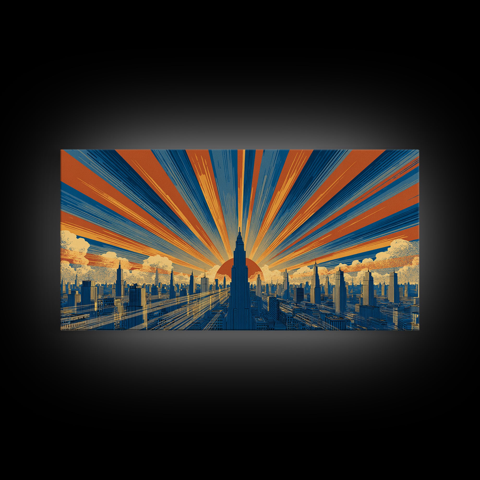 Art Deco Futuristic Skyline Framed Canvas Print, Retro Sci Fi Cityscape, Mid Century Modern Wall Decor, Blue Orange Poster