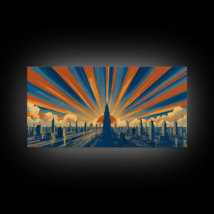 Art Deco Futuristic Skyline Framed Canvas Print, Retro Sci Fi Cityscape, Mid Century Modern Wall Decor, Blue Orange Poster